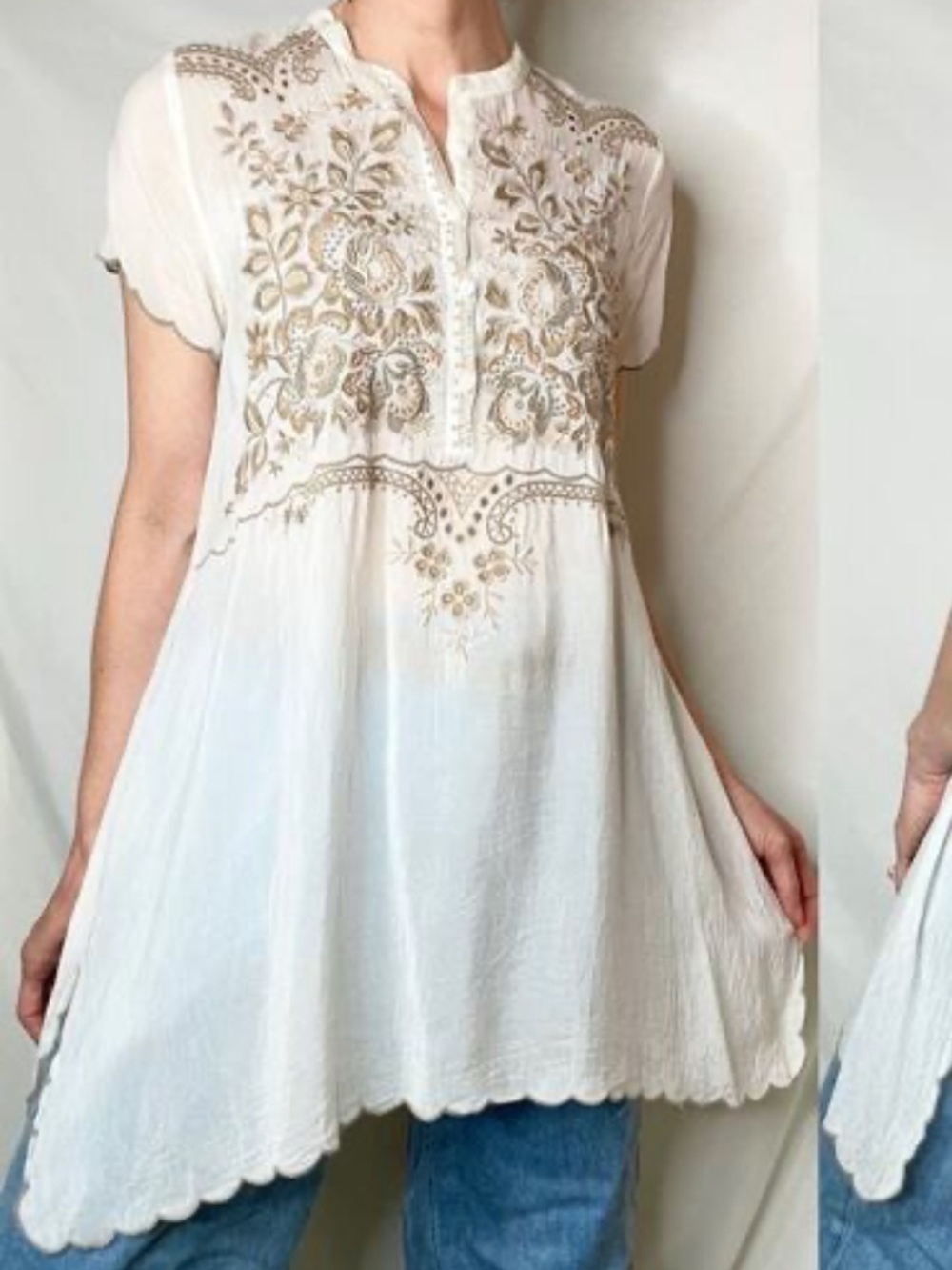 Johnny Was Britta Embroidered Floral Ivory Tunic with Gold Embroidery XL
